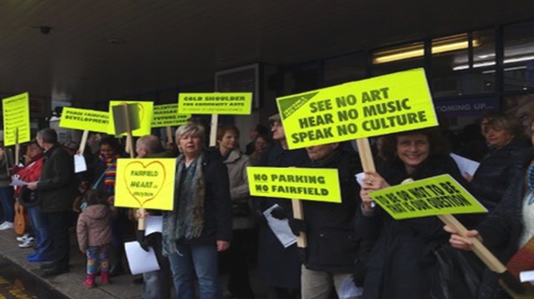 Protesters gather outside Fairfield Halls. Pic: Save Fairfield Halls