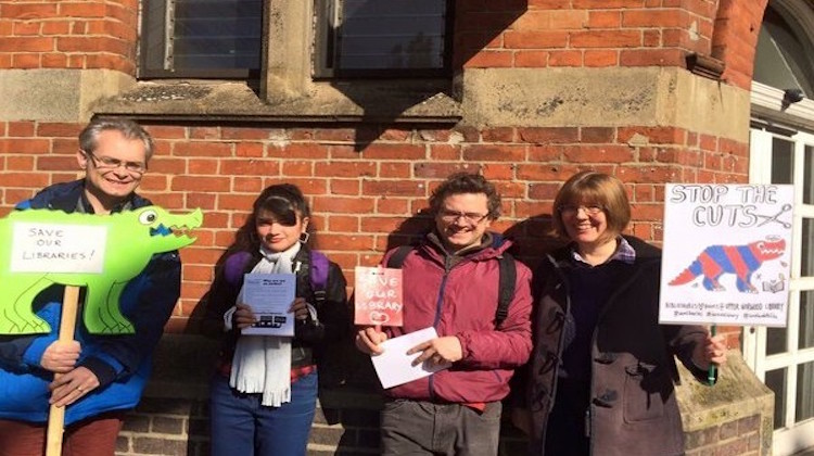 Gibson (far left) campaigning for Upper Norwood Library. Credit: Crystal Palace Transition Town