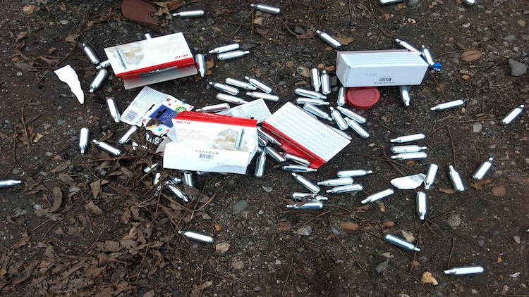 Mosa cream chargers fly tipped at Bakers Hill car park 04